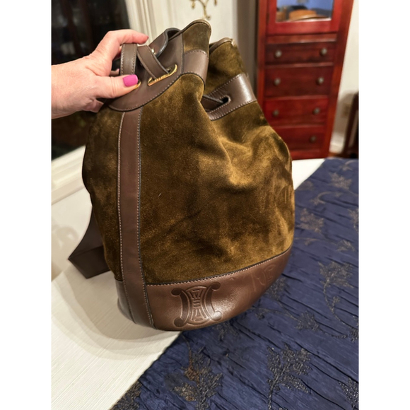 Celine Green-Brown Suede & Brown Leather Triomphe Bucket Shoulder Bag - Picture 4 of 16
